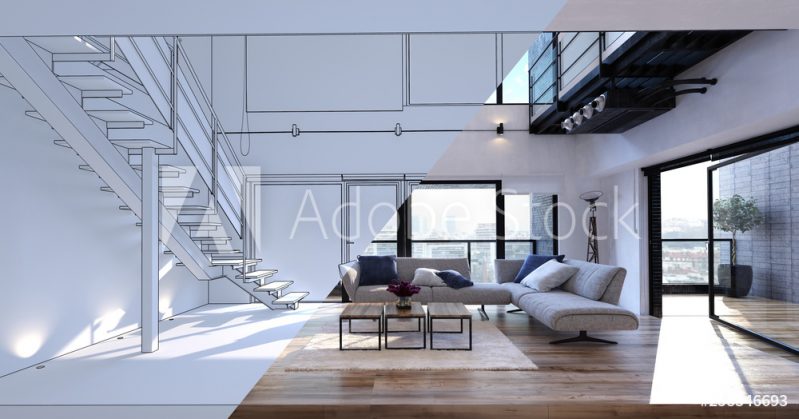 Spacious open plan living room design mockup