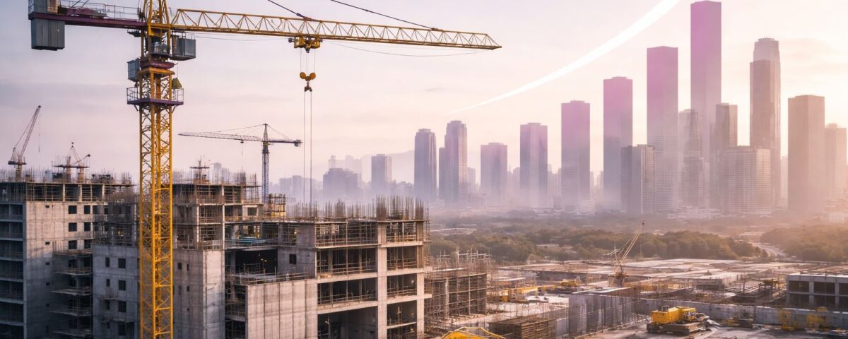 Proyeksi pertumbuhan konstruksi Indonesia 2026–2029: crane dan proyek gedung bertahap di skyline modern, menggambarkan dampak ke biaya dan timeline proyek.