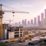 Proyeksi pertumbuhan konstruksi Indonesia 2026–2029: crane dan proyek gedung bertahap di skyline modern, menggambarkan dampak ke biaya dan timeline proyek.