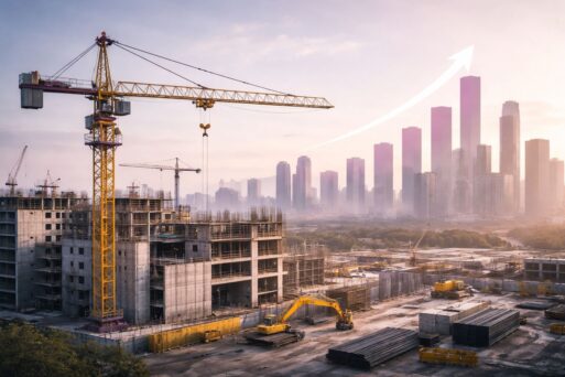 Proyeksi pertumbuhan konstruksi Indonesia 2026–2029: crane dan proyek gedung bertahap di skyline modern, menggambarkan dampak ke biaya dan timeline proyek.