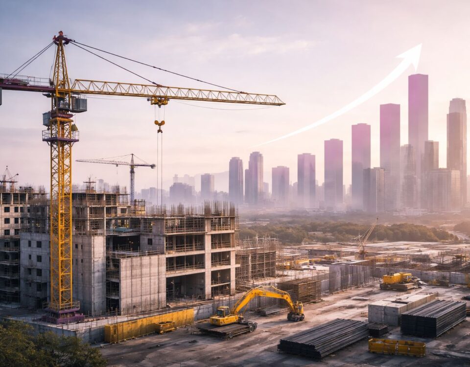 Proyeksi pertumbuhan konstruksi Indonesia 2026–2029: crane dan proyek gedung bertahap di skyline modern, menggambarkan dampak ke biaya dan timeline proyek.