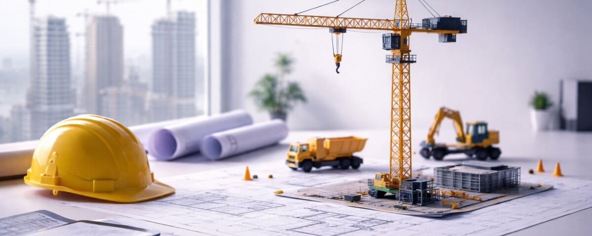 Ilustrasi meja kerja kontraktor dengan blueprint, helm proyek, dan model crane—menjelaskan kontribusi konstruksi terhadap PDB dan dampaknya pada owner, kontraktor, serta tender.