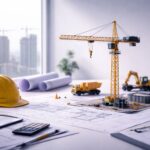 Ilustrasi meja kerja kontraktor dengan blueprint, helm proyek, dan model crane—menjelaskan kontribusi konstruksi terhadap PDB dan dampaknya pada owner, kontraktor, serta tender.