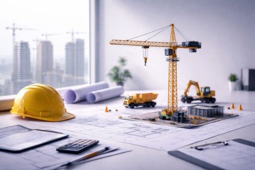Ilustrasi meja kerja kontraktor dengan blueprint, helm proyek, dan model crane—menjelaskan kontribusi konstruksi terhadap PDB dan dampaknya pada owner, kontraktor, serta tender.