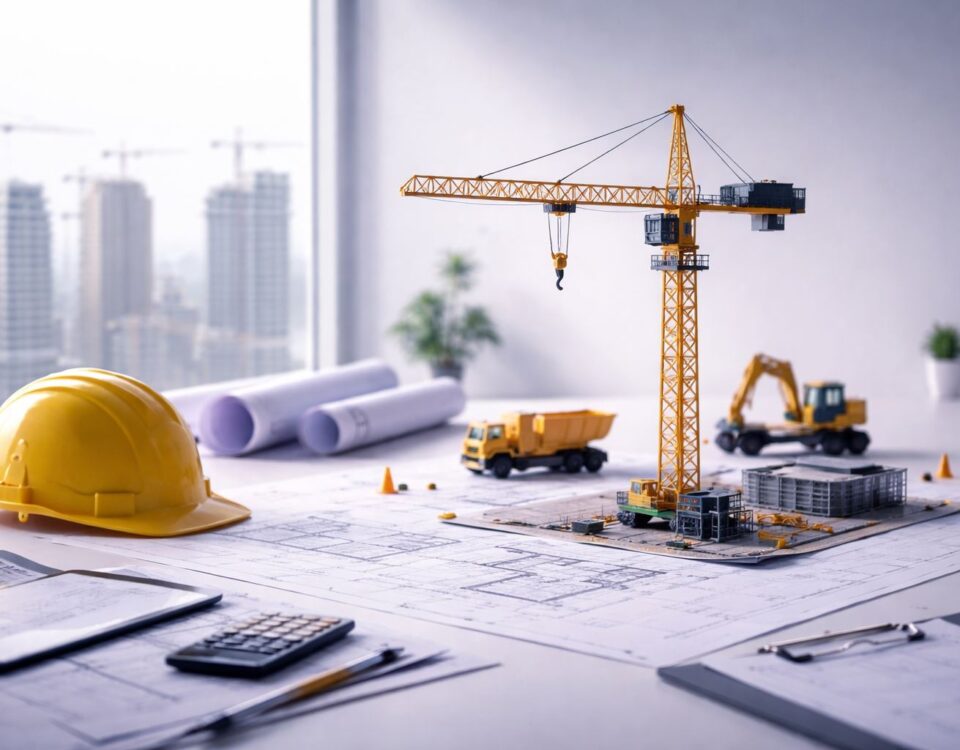 Ilustrasi meja kerja kontraktor dengan blueprint, helm proyek, dan model crane—menjelaskan kontribusi konstruksi terhadap PDB dan dampaknya pada owner, kontraktor, serta tender.