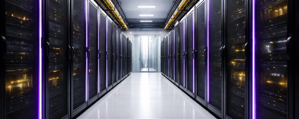 Tier III uptime 99982: lorong ruang server data center industrial dengan rak hitam, aksen LED ungu–kuning, dan pencahayaan soft minimalis.