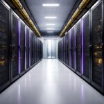 Tier III uptime 99982: lorong ruang server data center industrial dengan rak hitam, aksen LED ungu–kuning, dan pencahayaan soft minimalis.