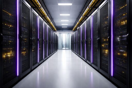Tier III uptime 99982: lorong ruang server data center industrial dengan rak hitam, aksen LED ungu–kuning, dan pencahayaan soft minimalis.