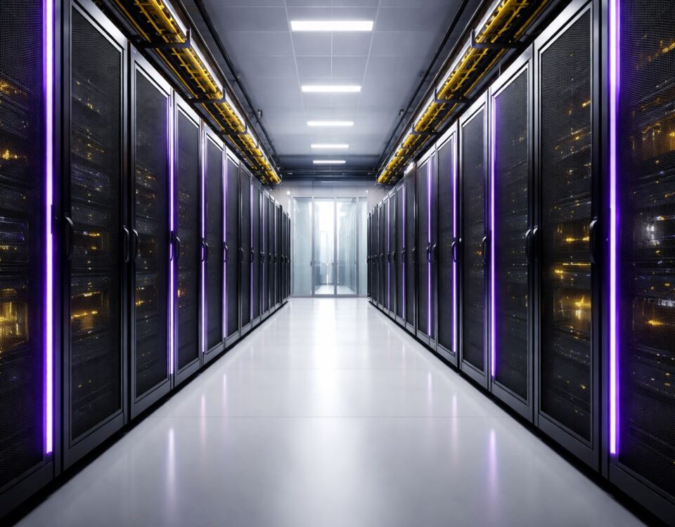 Tier III uptime 99982: lorong ruang server data center industrial dengan rak hitam, aksen LED ungu–kuning, dan pencahayaan soft minimalis.