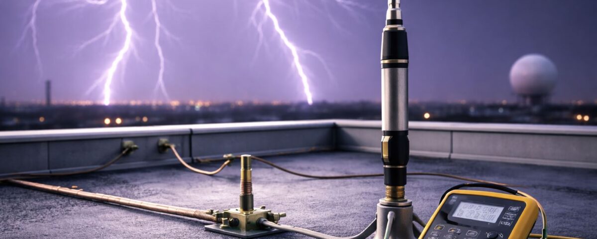 Data sambaran petir BMKG Januari 2025—perangkat penangkal petir di rooftop dengan kabel grounding dan alat uji inspeksi, nuansa ungu-hitam-kuning minimalist.