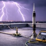 Data sambaran petir BMKG Januari 2025—perangkat penangkal petir di rooftop dengan kabel grounding dan alat uji inspeksi, nuansa ungu-hitam-kuning minimalist.