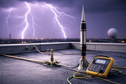 Data sambaran petir BMKG Januari 2025—perangkat penangkal petir di rooftop dengan kabel grounding dan alat uji inspeksi, nuansa ungu-hitam-kuning minimalist.