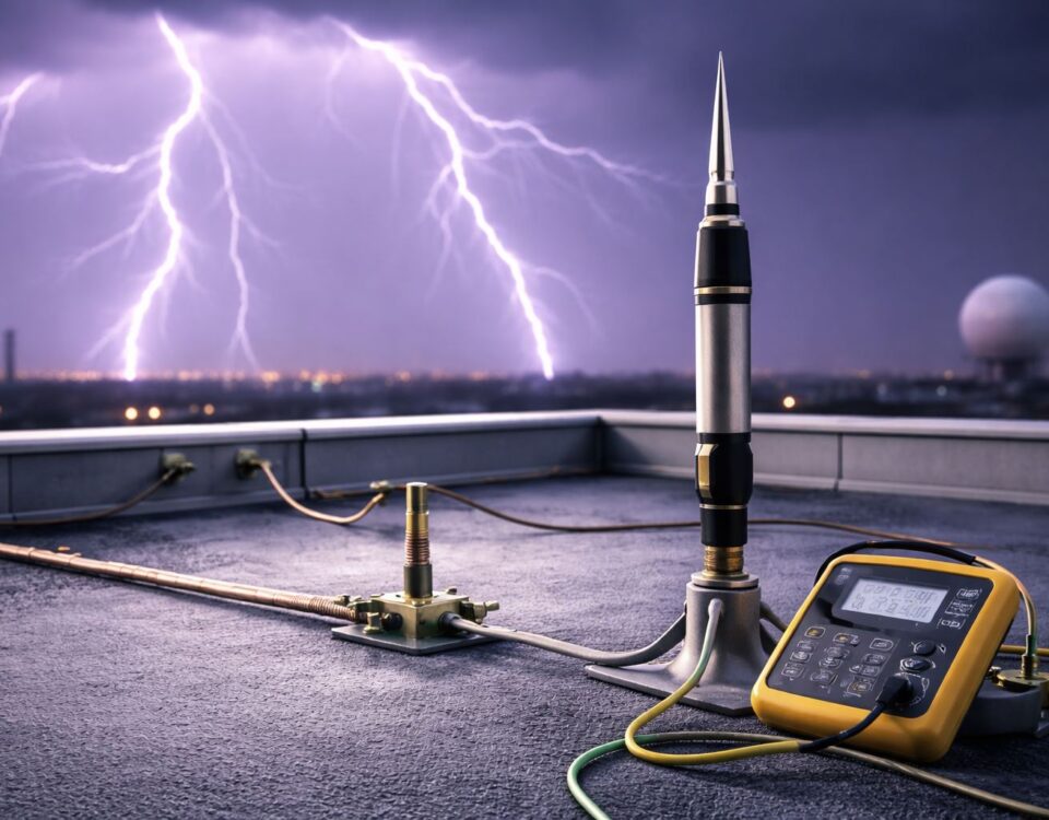 Data sambaran petir BMKG Januari 2025—perangkat penangkal petir di rooftop dengan kabel grounding dan alat uji inspeksi, nuansa ungu-hitam-kuning minimalist.