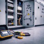 Commissioning instalasi listrik industri: perangkat uji IR test, earth resistance, continuity, dan verifikasi fungsi proteksi di depan panel listrik industri, nuansa minimalis profesional.