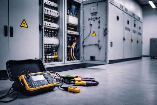 Commissioning instalasi listrik industri: perangkat uji IR test, earth resistance, continuity, dan verifikasi fungsi proteksi di depan panel listrik industri, nuansa minimalis profesional.
