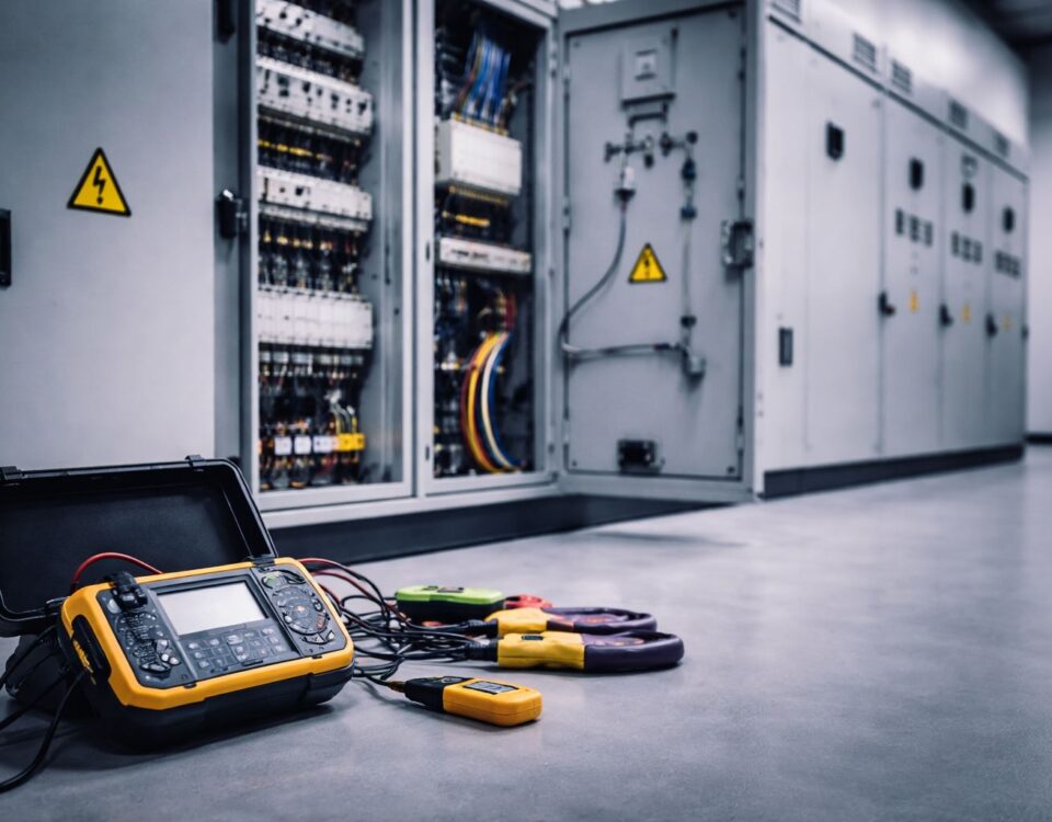 Commissioning instalasi listrik industri: perangkat uji IR test, earth resistance, continuity, dan verifikasi fungsi proteksi di depan panel listrik industri, nuansa minimalis profesional.