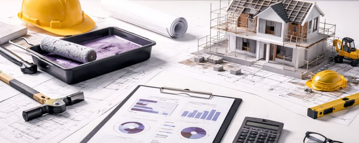 Ilustrasi minimalist renovasi versus bangun baru: blueprint, alat renovasi, model bangunan, dan lembar analisis biaya–risiko untuk keputusan owner berbasis NPV.