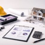 Ilustrasi minimalist renovasi versus bangun baru: blueprint, alat renovasi, model bangunan, dan lembar analisis biaya–risiko untuk keputusan owner berbasis NPV.