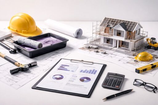Ilustrasi minimalist renovasi versus bangun baru: blueprint, alat renovasi, model bangunan, dan lembar analisis biaya–risiko untuk keputusan owner berbasis NPV.