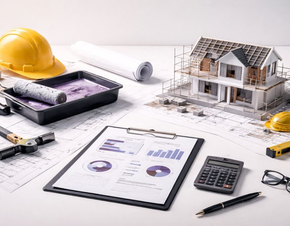 Ilustrasi minimalist renovasi versus bangun baru: blueprint, alat renovasi, model bangunan, dan lembar analisis biaya–risiko untuk keputusan owner berbasis NPV.