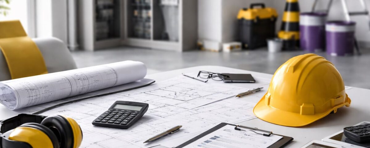 Strategi mencegah cost overrun renovasi: meja kerja RAB dengan blueprint, kalkulator, helm proyek, dan checklist kontrol biaya untuk menekan varians.