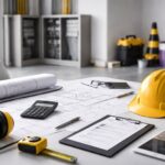 Strategi mencegah cost overrun renovasi: meja kerja RAB dengan blueprint, kalkulator, helm proyek, dan checklist kontrol biaya untuk menekan varians.
