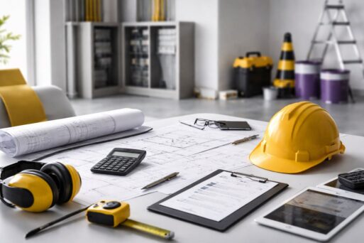 Strategi mencegah cost overrun renovasi: meja kerja RAB dengan blueprint, kalkulator, helm proyek, dan checklist kontrol biaya untuk menekan varians.