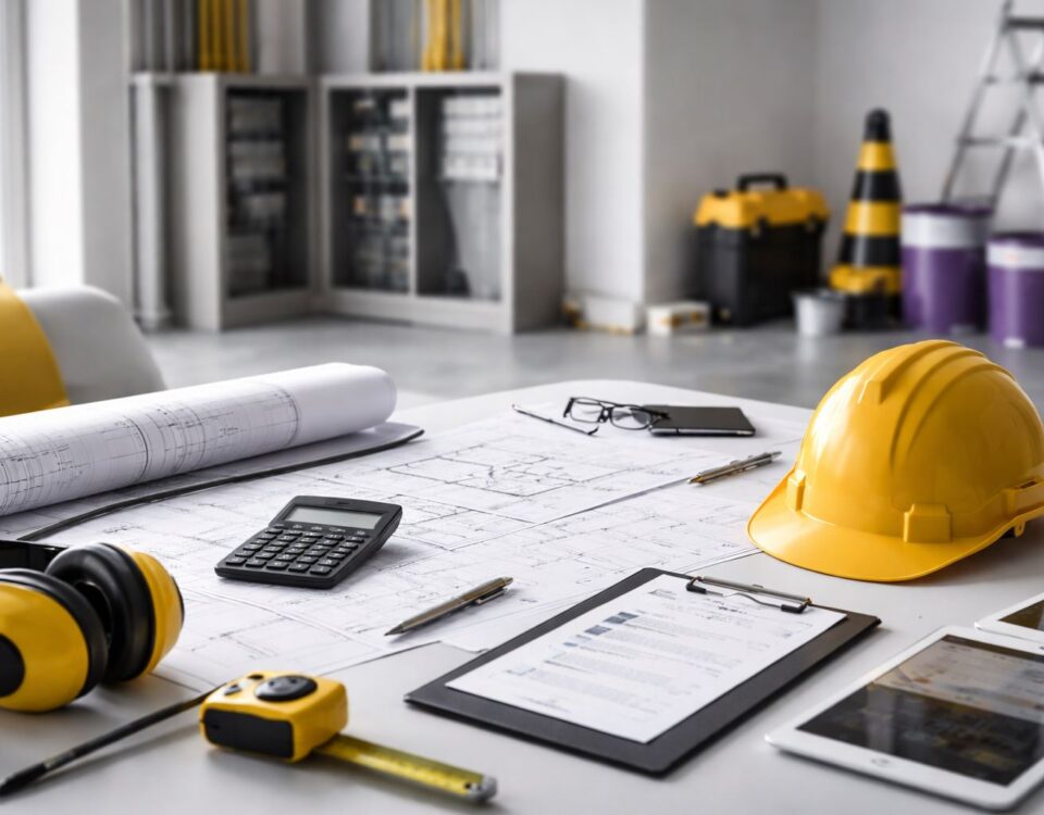 Strategi mencegah cost overrun renovasi: meja kerja RAB dengan blueprint, kalkulator, helm proyek, dan checklist kontrol biaya untuk menekan varians.