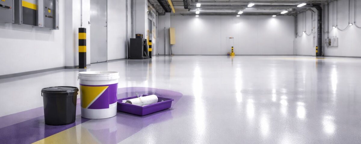 Umur pakai epoxy flooring 10–20 tahun di area gudang industri—lantai epoxy mengilap dengan perlengkapan coating minimalis