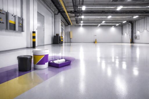 Umur pakai epoxy flooring 10–20 tahun di area gudang industri—lantai epoxy mengilap dengan perlengkapan coating minimalis