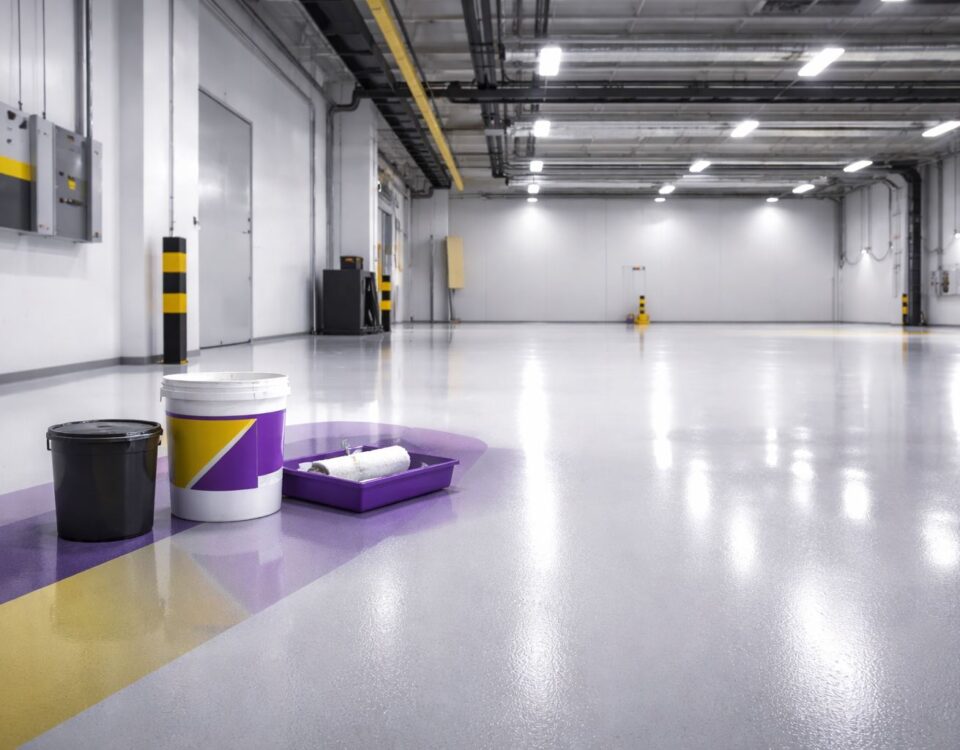 Umur pakai epoxy flooring 10–20 tahun di area gudang industri—lantai epoxy mengilap dengan perlengkapan coating minimalis