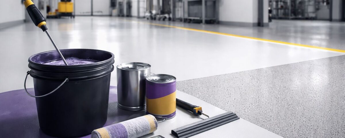 Spesifikasi epoxy coating BOQ untuk lantai pabrik: ilustrasi pengukuran ketebalan, coverage, cure time, dan kuat tekan agar hasil epoxy coating & flooring konsisten.