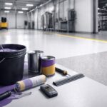 Spesifikasi epoxy coating BOQ untuk lantai pabrik: ilustrasi pengukuran ketebalan, coverage, cure time, dan kuat tekan agar hasil epoxy coating & flooring konsisten.