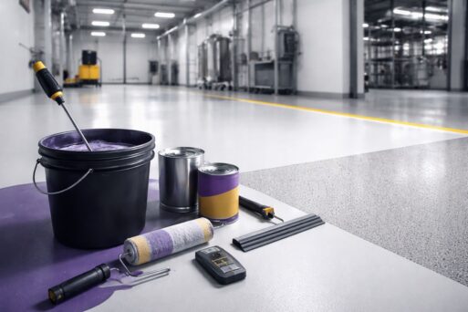 Spesifikasi epoxy coating BOQ untuk lantai pabrik: ilustrasi pengukuran ketebalan, coverage, cure time, dan kuat tekan agar hasil epoxy coating & flooring konsisten.