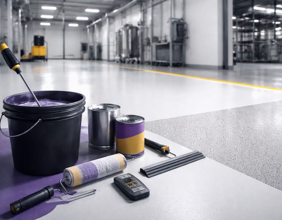 Spesifikasi epoxy coating BOQ untuk lantai pabrik: ilustrasi pengukuran ketebalan, coverage, cure time, dan kuat tekan agar hasil epoxy coating & flooring konsisten.