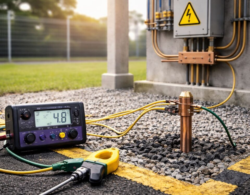 Standar resistansi grounding 5ohm: uji pentanahan lapangan dengan earth tester pada grounding rod untuk proteksi petir