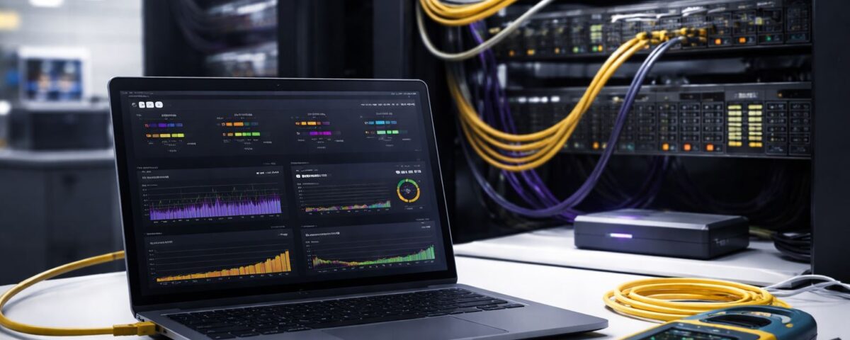 Audit performa jaringan kantor: perangkat penguji jaringan dan dashboard monitoring metrik latency, packet loss, throughput, serta uptime di ruang server minimalis.