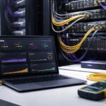 Audit performa jaringan kantor: perangkat penguji jaringan dan dashboard monitoring metrik latency, packet loss, throughput, serta uptime di ruang server minimalis.
