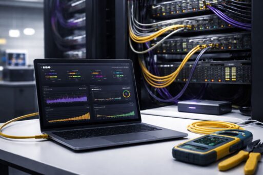 Audit performa jaringan kantor: perangkat penguji jaringan dan dashboard monitoring metrik latency, packet loss, throughput, serta uptime di ruang server minimalis.