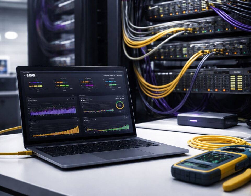Audit performa jaringan kantor: perangkat penguji jaringan dan dashboard monitoring metrik latency, packet loss, throughput, serta uptime di ruang server minimalis.