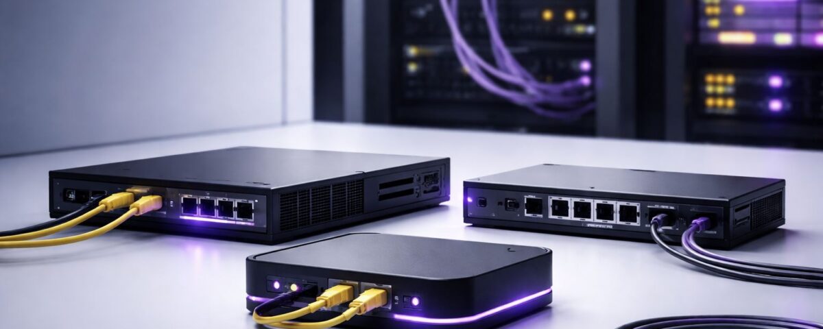 Perbandingan LAN vs WAN vs VPN site-to-site untuk industri: perangkat router, switch, dan gateway dengan aksen ungu-hitam-kuning, ilustrasi delay, jitter, dan packet loss.