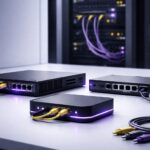 Perbandingan LAN vs WAN vs VPN site-to-site untuk industri: perangkat router, switch, dan gateway dengan aksen ungu-hitam-kuning, ilustrasi delay, jitter, dan packet loss.