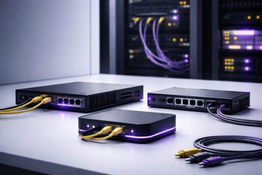 Perbandingan LAN vs WAN vs VPN site-to-site untuk industri: perangkat router, switch, dan gateway dengan aksen ungu-hitam-kuning, ilustrasi delay, jitter, dan packet loss.