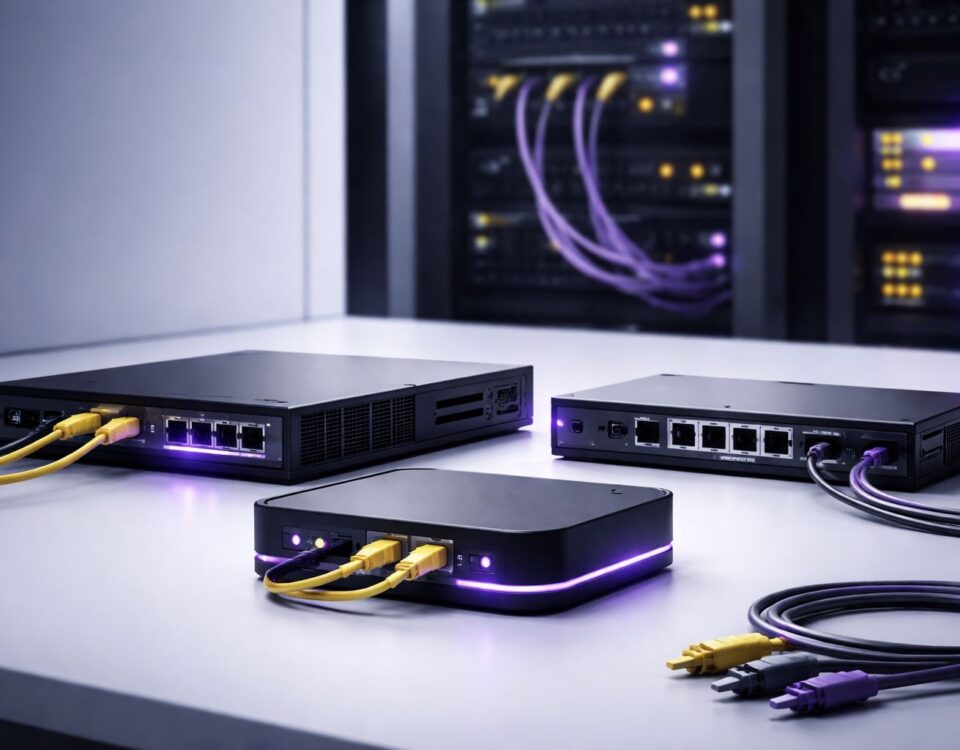 Perbandingan LAN vs WAN vs VPN site-to-site untuk industri: perangkat router, switch, dan gateway dengan aksen ungu-hitam-kuning, ilustrasi delay, jitter, dan packet loss.