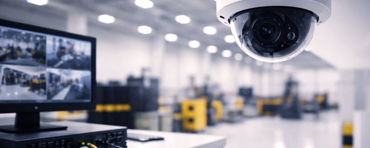Rumus pixel per meter untuk desain CCTV/IP Cam industri—kamera dome di plafon gudang memantau area produksi untuk perhitungan PPM akurat.