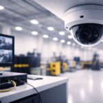 Rumus pixel per meter untuk desain CCTV/IP Cam industri—kamera dome di plafon gudang memantau area produksi untuk perhitungan PPM akurat.