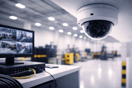 Rumus pixel per meter untuk desain CCTV/IP Cam industri—kamera dome di plafon gudang memantau area produksi untuk perhitungan PPM akurat.
