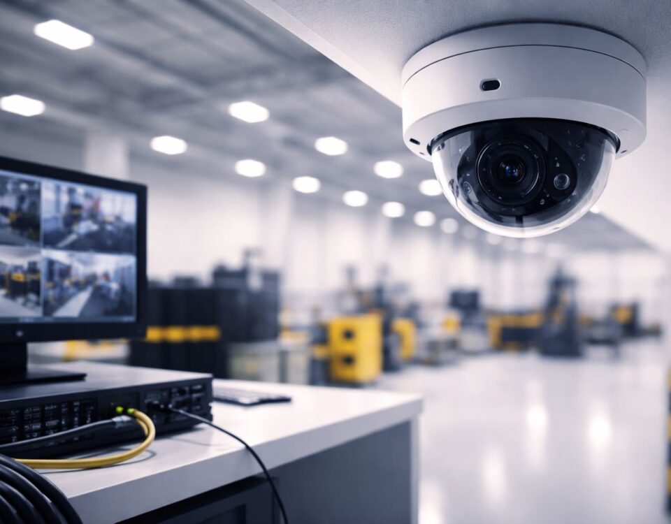 Rumus pixel per meter untuk desain CCTV/IP Cam industri—kamera dome di plafon gudang memantau area produksi untuk perhitungan PPM akurat.