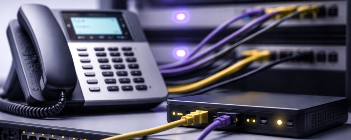 Perangkat PABX/VoIP dengan kabel ungu-kuning dan gateway jaringan, ilustrasi standar QoS VoIP itu untuk target MOS, jitter, dan delay rendah agar suara stabil.