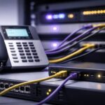 Perangkat PABX/VoIP dengan kabel ungu-kuning dan gateway jaringan, ilustrasi standar QoS VoIP itu untuk target MOS, jitter, dan delay rendah agar suara stabil.